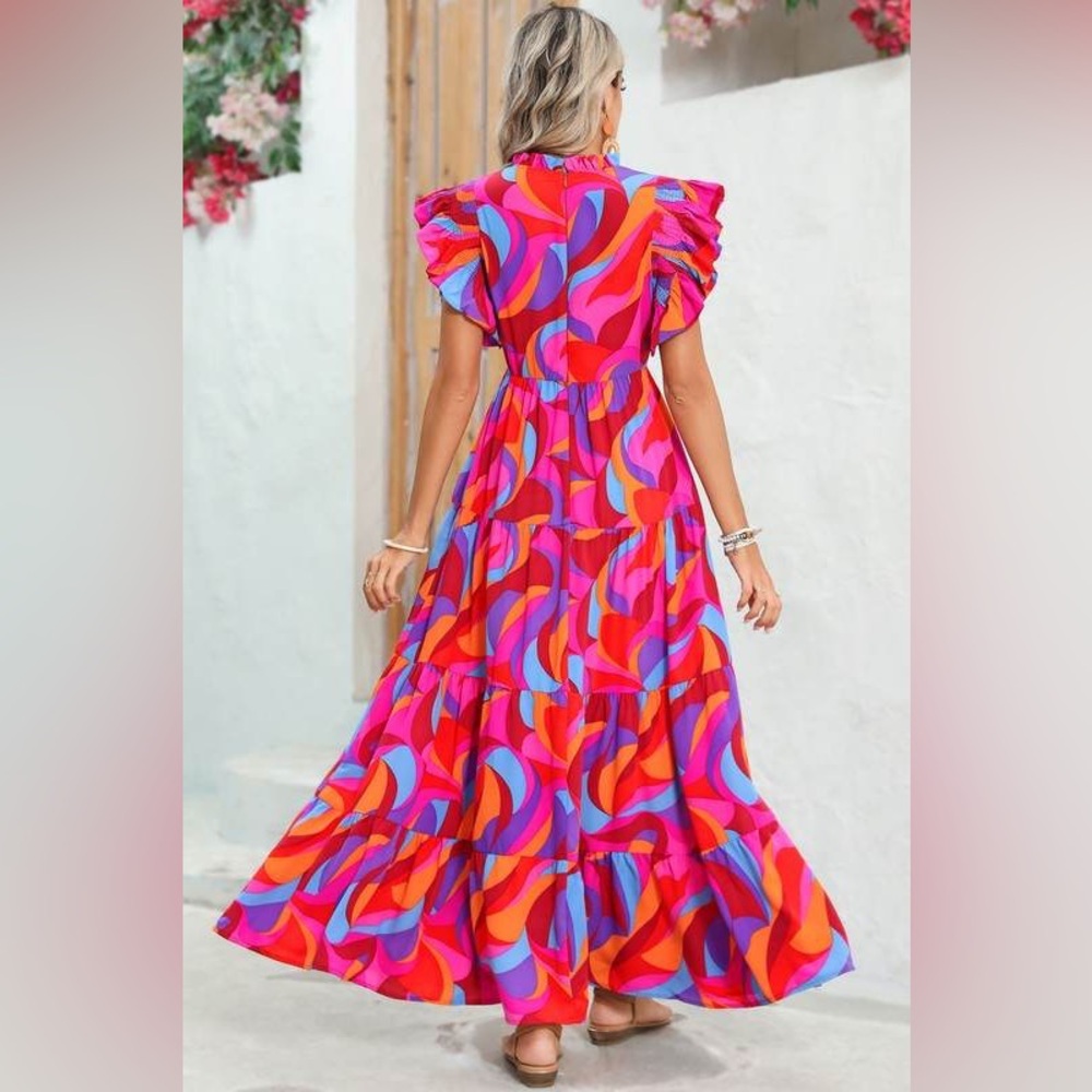 Abstract Print High Waist Ruffle Tiered Maxi Dress - Picture 3 of 8